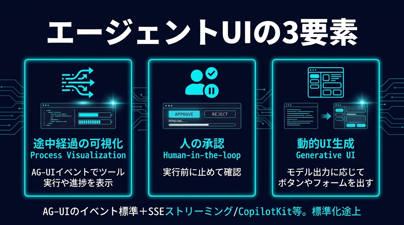 エージェントUIの3要素。①途中経過の可視化（AG-UIイベントでツール実行や進捗を表示）②人の承認 Human-in-the-loop（実行前に止めて確認）③動的UI生成 Generative UI（モデル出力に応じてボタンやフォームを出す）。AG-UIのイベント標準＋SSEストリーミング。標準化途上。