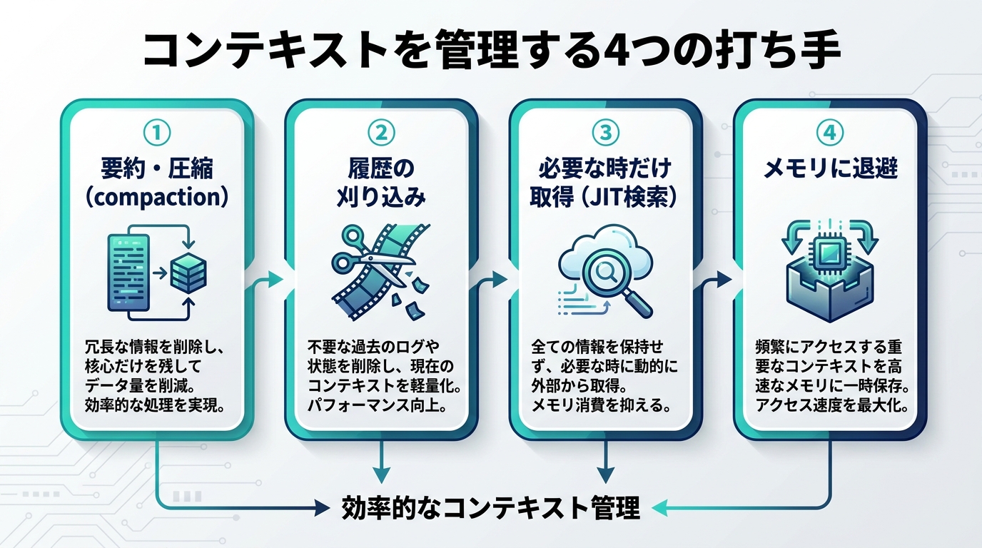 コンテキストを管理する4つの打ち手を示す図解。要約・圧縮、履歴の刈り込み、必要な時だけ取得（JIT検索）、メモリに退避。