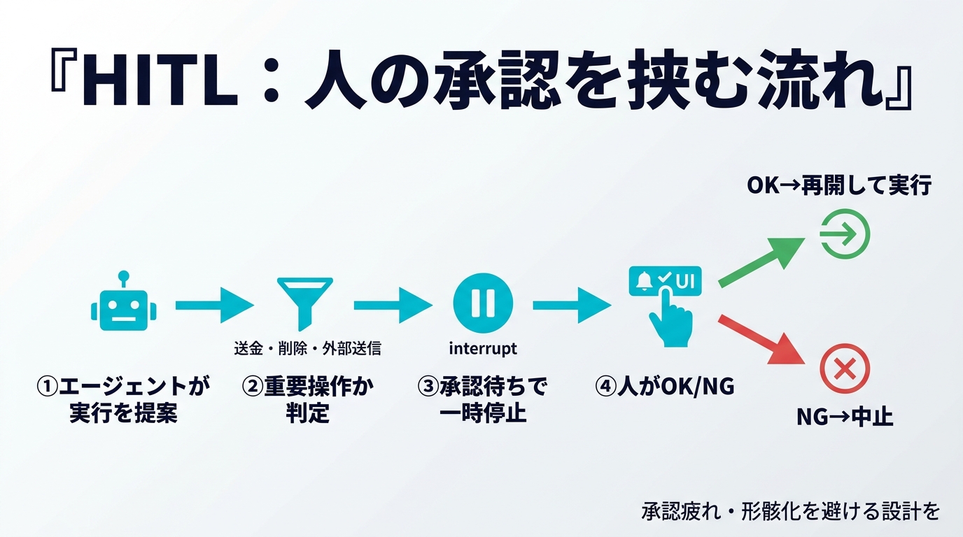 HITL：人の承認を挟む流れ。①エージェントが実行を提案→②重要操作か判定（送金・削除・外部送信）→③承認待ちで一時停止（interrupt）→④人がOK/NG→OKなら再開して実行、NGなら中止。承認疲れ・形骸化を避ける設計を。
