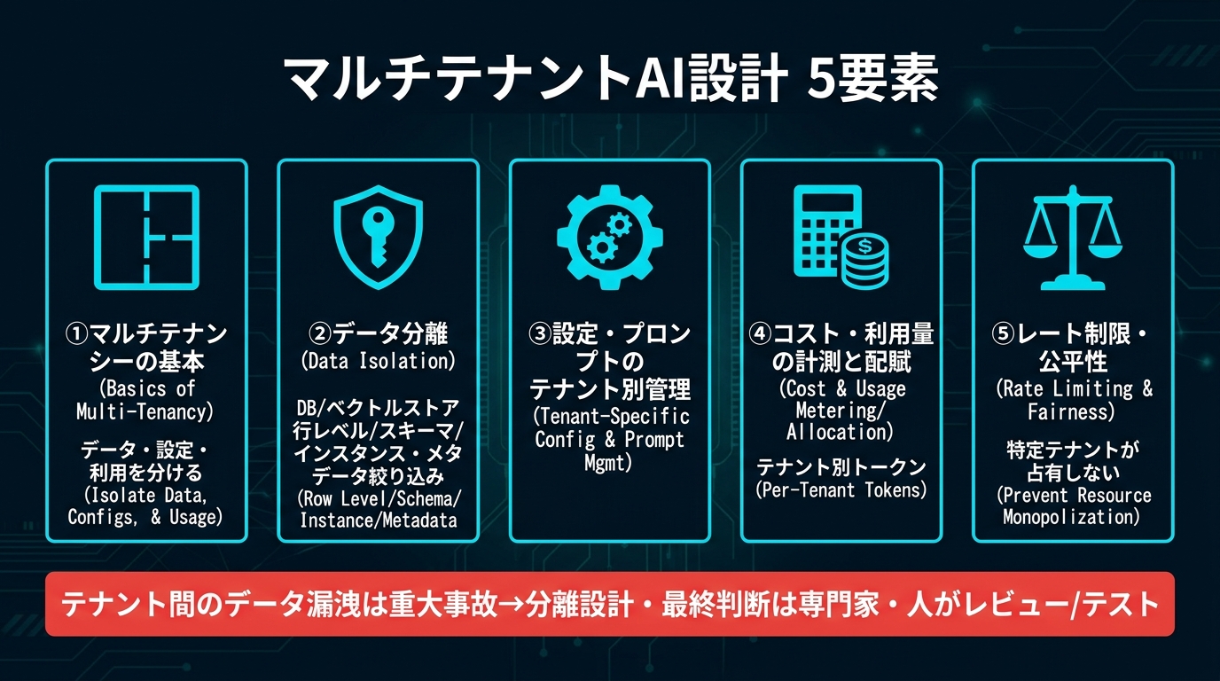 マルチテナントAI設計5要素。①マルチテナンシーの基本（データ・設定・利用を分ける）②データ分離（DB/ベクトルストア：行レベル/スキーマ/インスタンス・メタデータ絞り込み）③設定・プロンプトのテナント別管理 ④コスト・利用量の計測と配賦（テナント別トークン）⑤レート制限・公平性（特定テナントが占有しない）。テナント間のデータ漏洩は重大事故→分離設計・最終判断は専門家・人がレビュー/テスト。