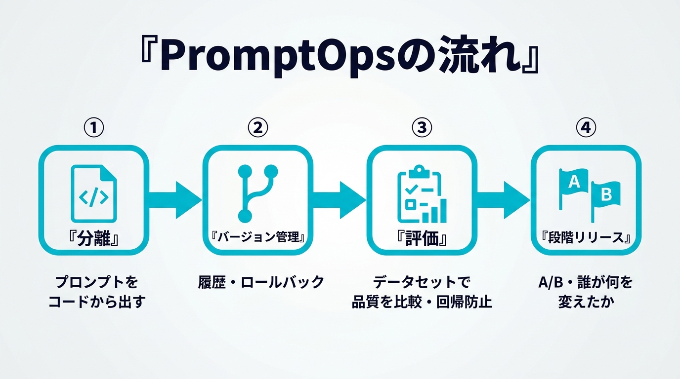 PromptOpsの流れ。①分離（プロンプトをコードから出す）②バージョン管理（履歴・ロールバック）③評価（データセットで品質を比較・回帰防止）④段階リリース（A/B・誰が何を変えたか）。