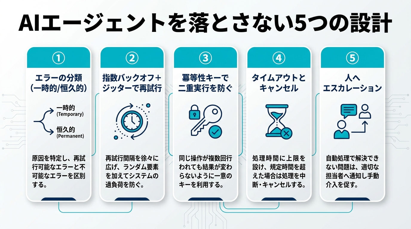 AIエージェントを落とさない5つの設計を示す図解。エラーの分類、指数バックオフとジッターで再試行、冪等性キーで二重実行を防ぐ、タイムアウトとキャンセル、人へエスカレーション。