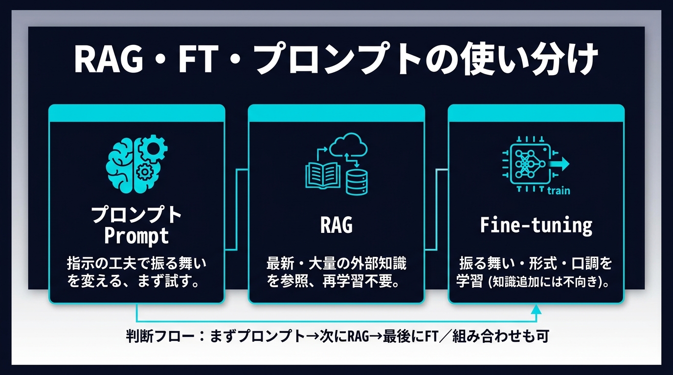 RAG・FT・プロンプトの使い分け。①プロンプト（指示の工夫で振る舞いを変える・まず試す）②RAG（最新・大量の外部知識を参照・再学習不要）③Fine-tuning（振る舞い・形式・口調を学習／知識追加には不向き）。判断フロー：まずプロンプト→次にRAG→最後にFT、組み合わせも可。
