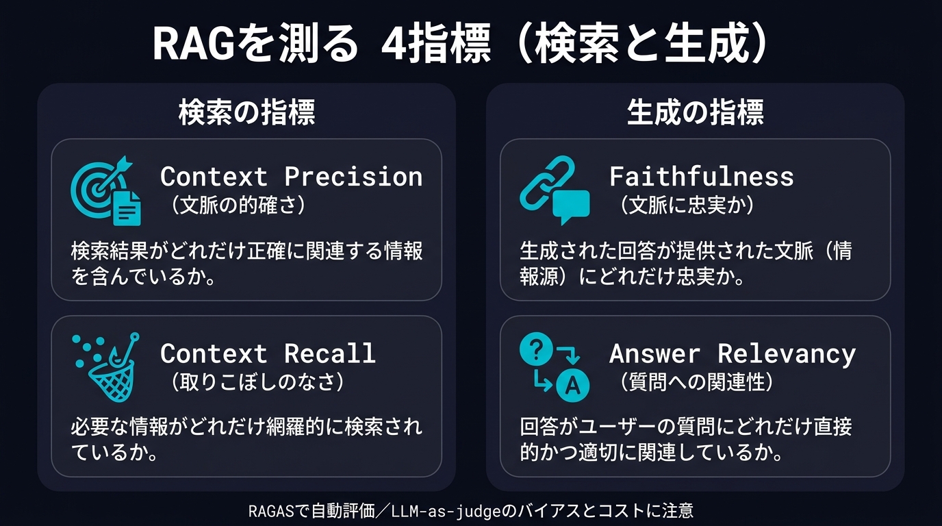 RAGを測る4指標（検索と生成）。検索の指標＝Context Precision（文脈の的確さ）・Context Recall（取りこぼしのなさ）。生成の指標＝Faithfulness（文脈に忠実か）・Answer Relevancy（質問への関連性）。RAGASで自動評価。LLM-as-judgeのバイアスとコストに注意。