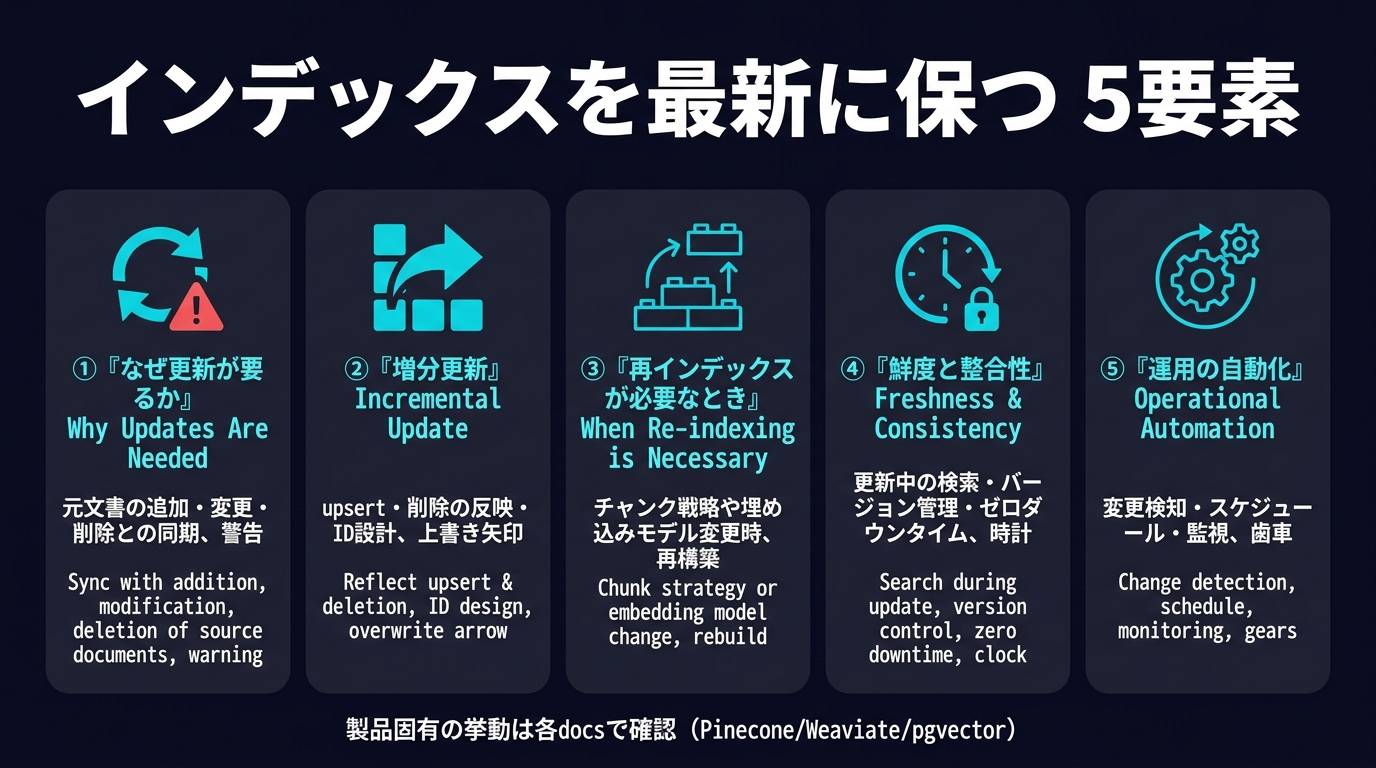 RAGインデックスを最新に保つ5要素。①なぜ更新が要るか(元文書の追加・変更・削除との同期)②増分更新(upsert・削除の反映・ID設計)③再インデックスが必要なとき(チャンク戦略や埋め込みモデル変更時)④鮮度と整合性(更新中の検索・バージョン管理・ゼロダウンタイム)⑤運用の自動化(変更検知・スケジュール・監視)。製品固有の挙動は各docsで確認(Pinecone/Weaviate/pgvector)。