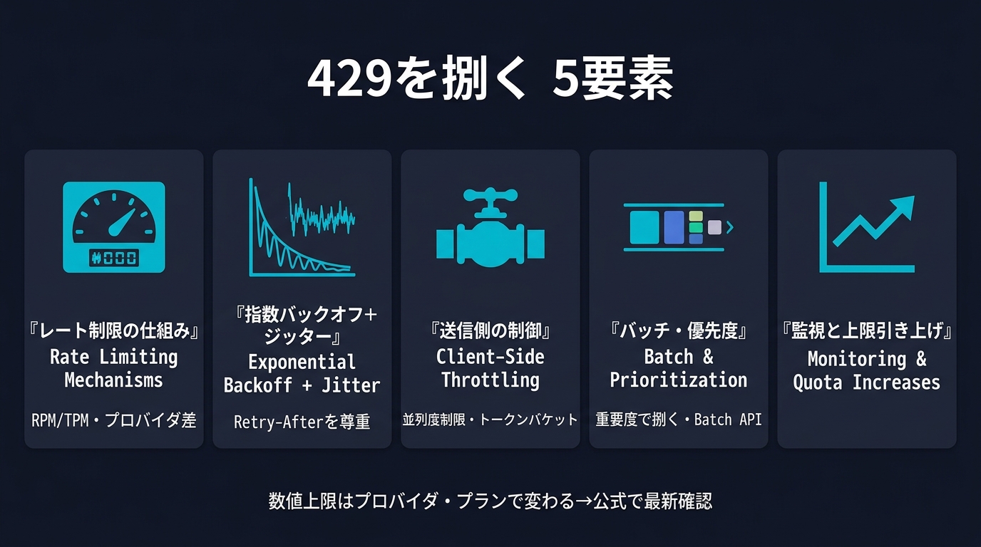LLM APIの429を捌く5要素。①レート制限の仕組み(RPM/TPM・プロバイダ差)②指数バックオフ+ジッター(Retry-Afterを尊重)③送信側の制御(並列度制限・トークンバケット)④バッチ・優先度(重要度で捌く・Batch API)⑤監視と上限引き上げ。数値上限はプロバイダ・プランで変わる→公式で最新確認。