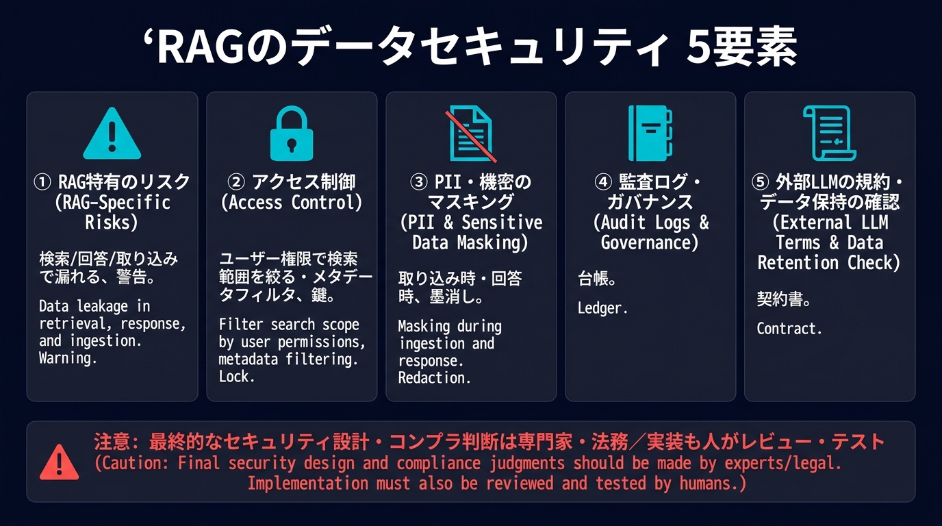 RAGのデータセキュリティ5要素。①RAG特有のリスク（検索/回答/取り込みで漏れる）②アクセス制御（ユーザー権限で検索範囲を絞る・メタデータフィルタ）③PII・機密のマスキング（取り込み時・回答時）④監査ログ・ガバナンス ⑤外部LLMの規約・データ保持の確認。最終的なセキュリティ設計・コンプラ判断は専門家・法務、実装も人がレビュー・テスト。