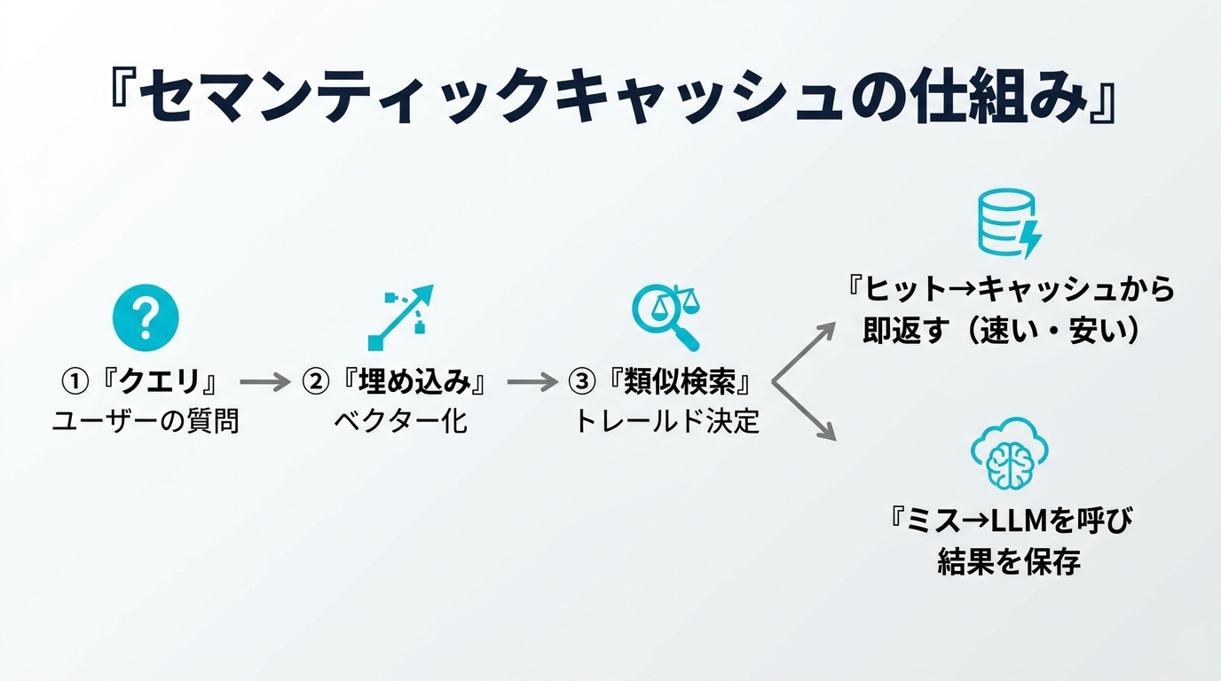 セマンティックキャッシュの仕組み。①クエリ(ユーザーの質問)→②埋め込み(ベクトル化)→③類似検索(しきい値で判定)→ヒットならキャッシュから即返す(速い・安い)、ミスならLLMを呼び結果を保存。