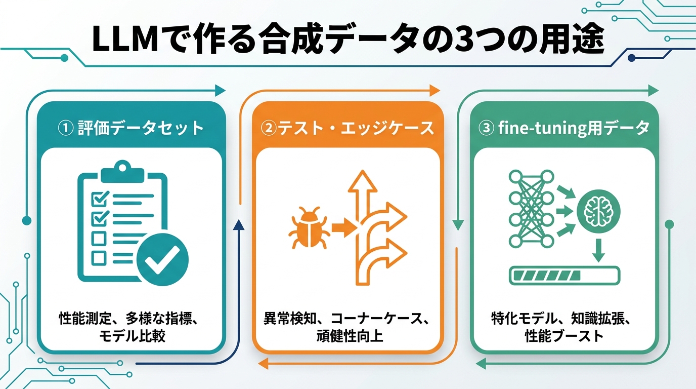 LLMで作る合成データの3つの用途を示す図解。評価データセット、テスト・エッジケース、fine-tuning用データ。