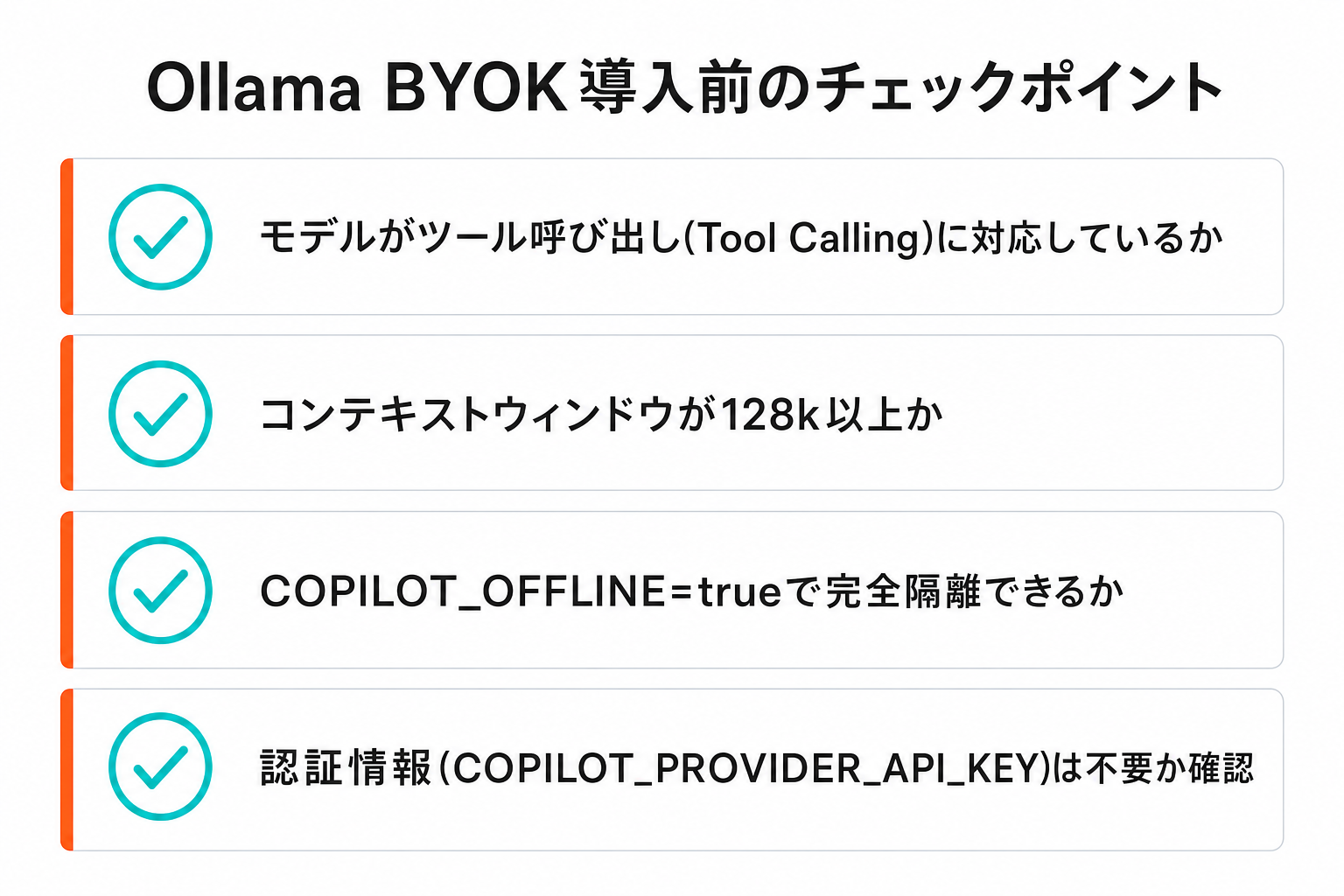 Ollama BYOK導入前のチェックポイント。モデルがTool Callingに対応しているか、コンテキストウィンドウが128k以上か、COPILOT_OFFLINE=trueで完全隔離できるか、認証情報が不要か確認する4項目