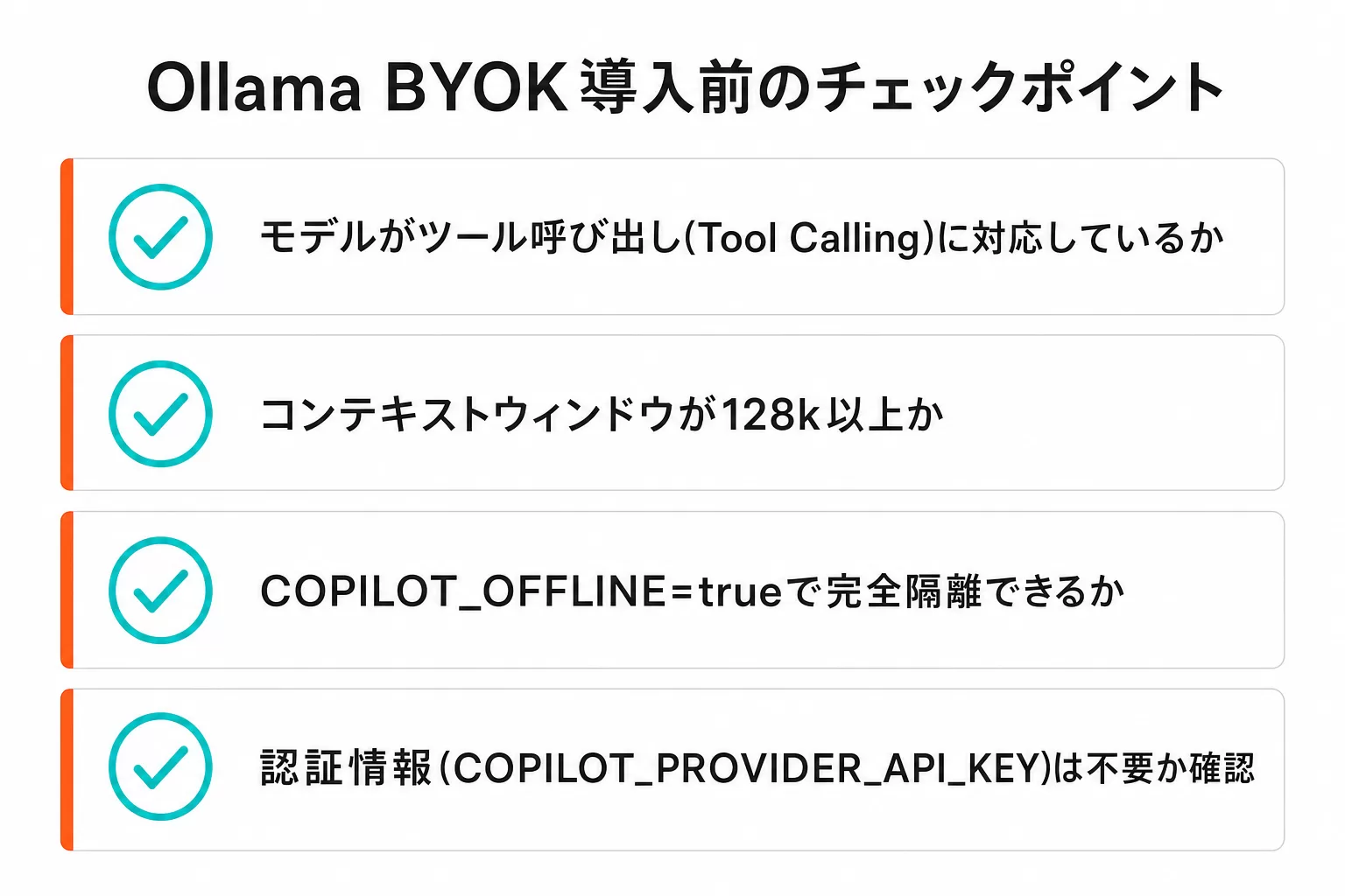 Ollama BYOK導入前のチェックポイント。モデルがTool Callingに対応しているか、コンテキストウィンドウが128k以上か、COPILOT_OFFLINE=trueで完全隔離できるか、認証情報が不要か確認する4項目