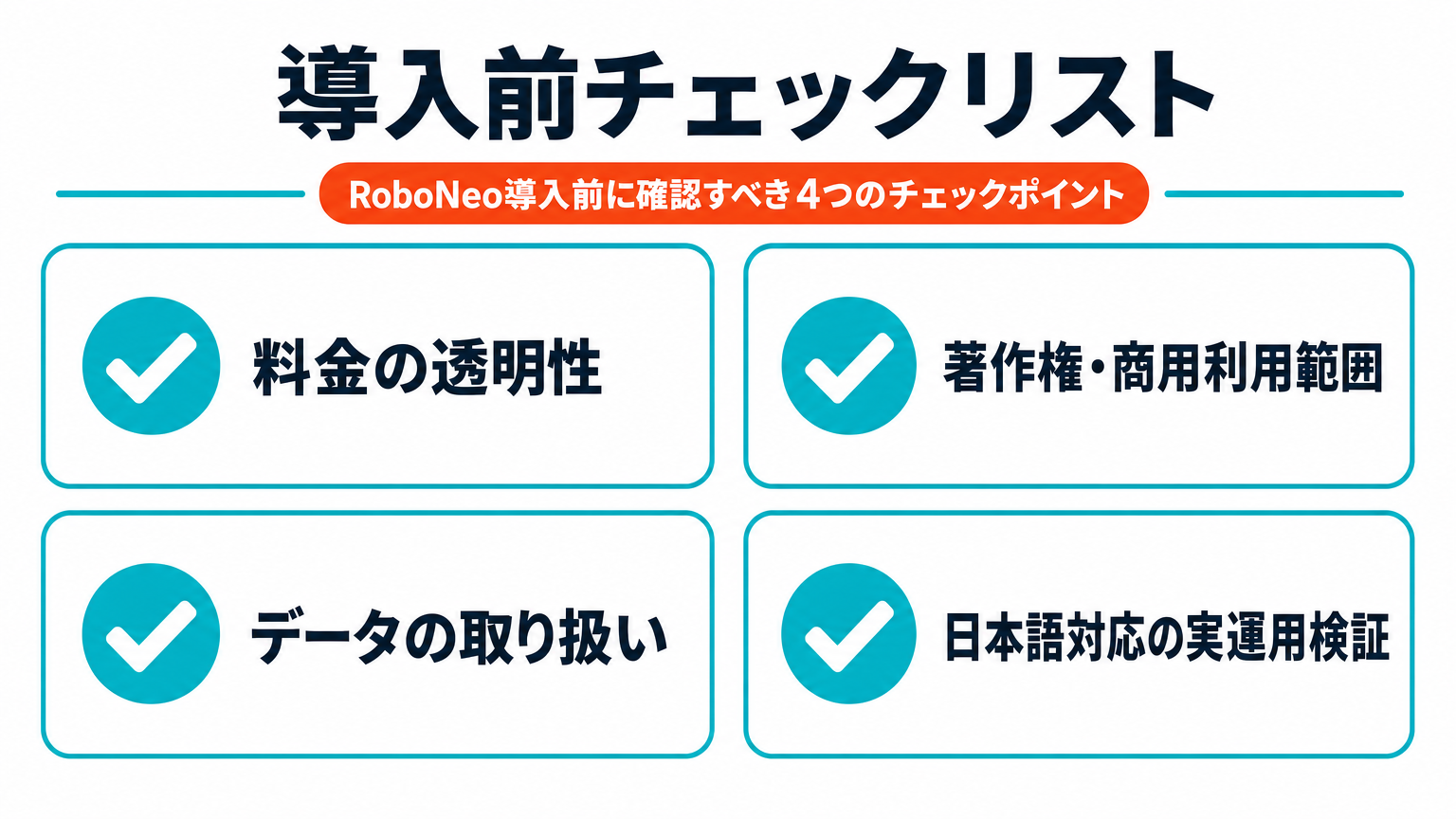 RoboNeo導入前に確認すべき4つのチェックポイント(料金・著作権・データの扱い・日本語対応)を示したチェックリスト図解