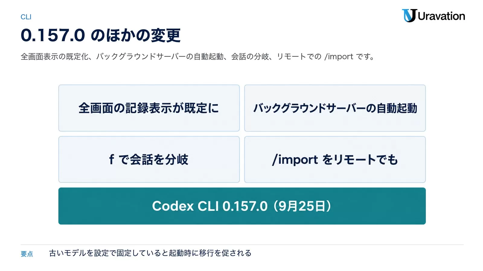 Codex CLI 0.157.0（9月25日）のほかの変更。全画面の記録表示が既定に、バックグラウンドサーバーの自動起動、fで会話を分岐、/importをリモートでも