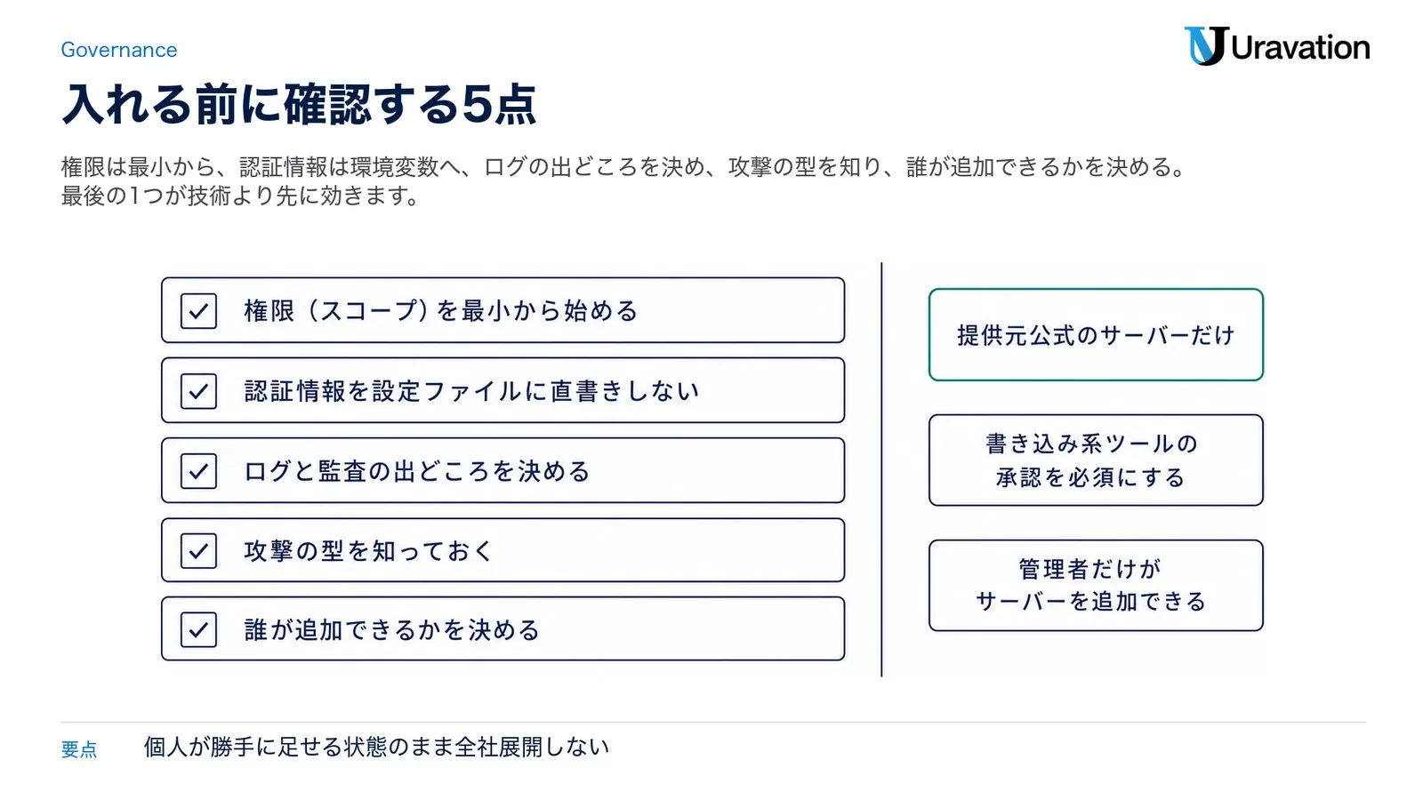 権限を最小から始める・認証情報を設定ファイルに直書きしない・ログと監査の出どころを決める・攻撃の型を知っておく・誰が追加できるかを決める、の5行チェックリストと、提供元公式のサーバーだけ・書き込み系は承認を必須にする・管理者だけが追加できるの3つの補足を並べた図