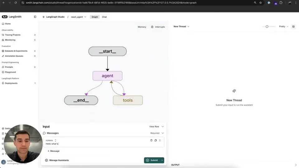 LangSmith StudioのGraph modeで中央にグラフ、左下にInputとView Raw、右側にthread logが表示された実画面