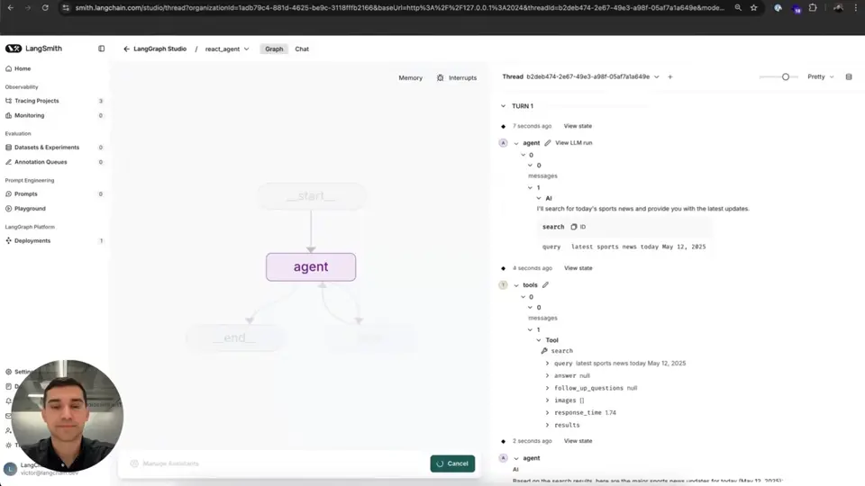 LangSmith Studioで実行中のノードが強調され、右のthread logへstate keyとtool結果が展開された実画面