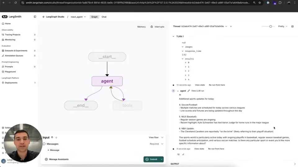 LangSmith Studioの右側thread logにPretty表示、View state、Re-run from hereが並ぶ実画面