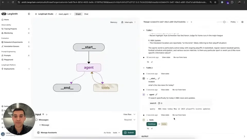 LangSmith StudioでInterruptが1件設定され、toolsノードの直前にContinueボタンが表示された実画面