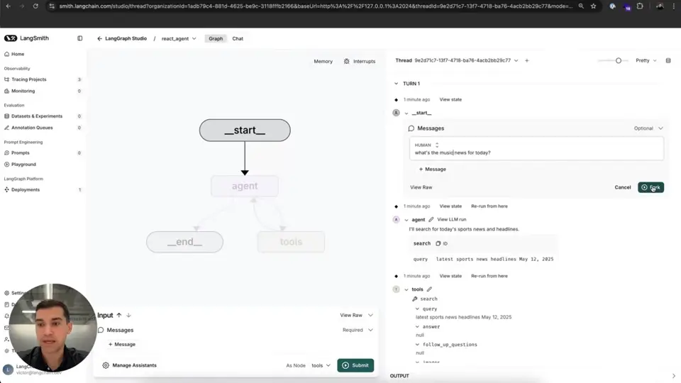 LangSmith Studioのthread logで過去の入力stateを編集し、Forkボタンから新しい分岐を作る実画面
